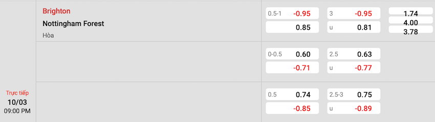 Tỷ lệ kèo Brighton vs Nottingham