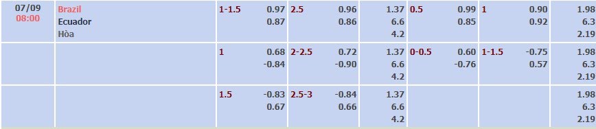 Tỷ lệ kèo Vòng loại World Cup Brazil vs Ecuador