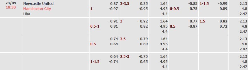 Tỷ lệ kèo Premier League Newcastle vs Man City