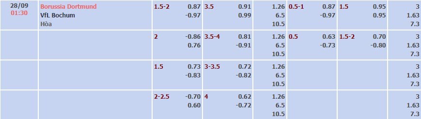 Tỷ lệ kèo Bundesliga Dortmund vs Bochum