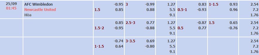 Tỷ lệ kèo Carabao Cup Wimbledon vs Newcastle
