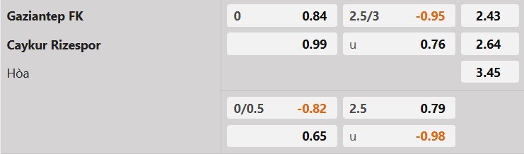 Tỷ lệ kèo Gazisehir vs Rizespor