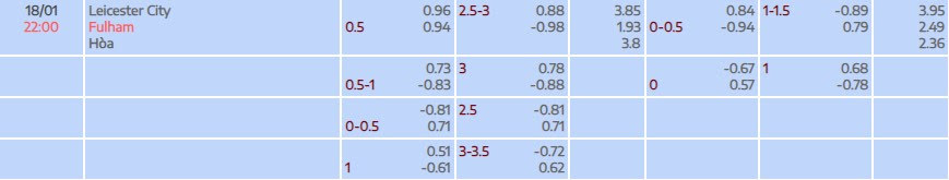 Tỷ lệ kèo Premier League Leicester vs Fulham