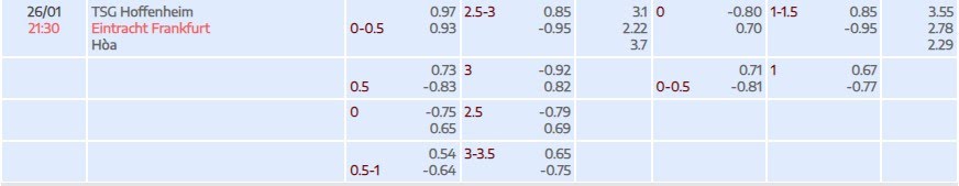 Tỷ lệ kèo Bundesliga Hoffenheim vs Frankfurt