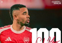 Jesus cán mốc 100 trận khoác áo Arsenal