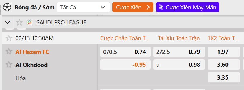 Tỷ lệ kèo Al Hazem vs Al-Akhdoud