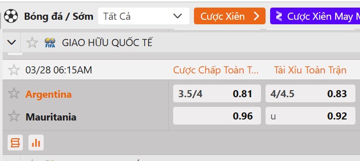 Tỷ lệ kèo Argentina vs Mauritania
