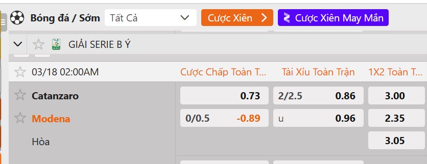 Tỷ lệ kèo Catanzaro vs Modena