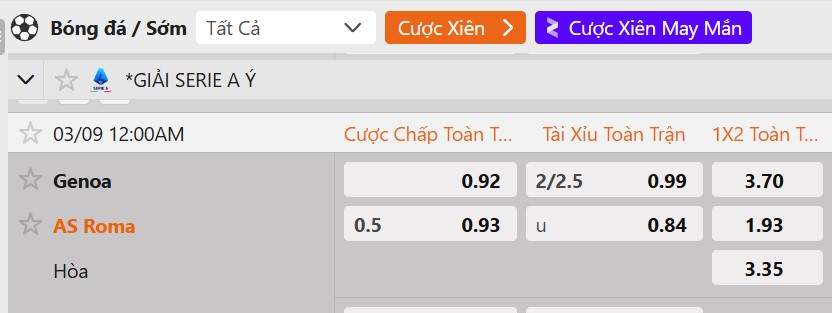 Tỷ lệ kèo Genoa C.F.C vs AS Roma