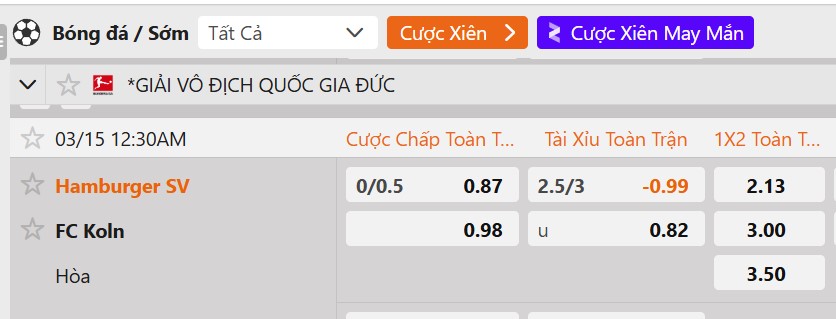 Tỷ lệ kèo Hamburger vs Koln