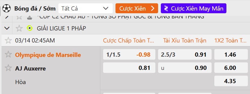 Tỷ lệ kèo Marseille vs Auxerre