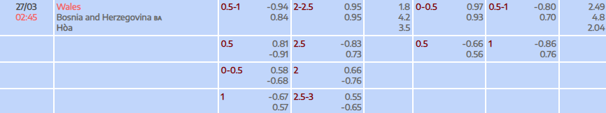 Tỷ lệ kèo Vòng loại World Cup 2026 Wales vs Bosna và Hercegovina