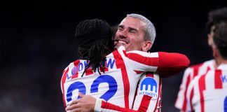 Griezmann sang Mỹ, chuẩn bị gia nhập Orlando City Antoine Griezmann chia vui với các đồng đội ở Atletico Madrid. Ảnh: AP