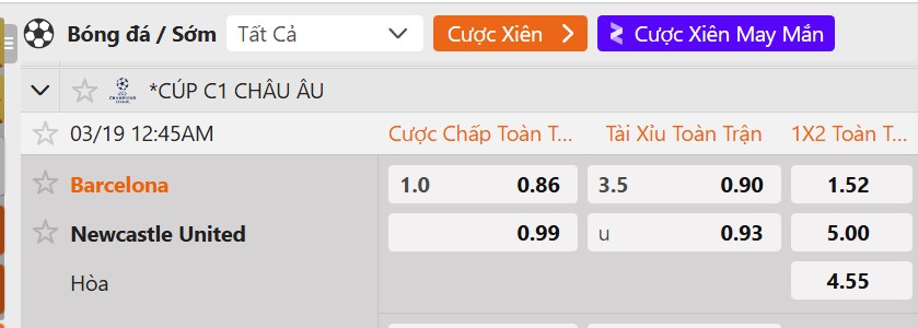 Tỷ lệ kèo Barcelona vs Newcastle