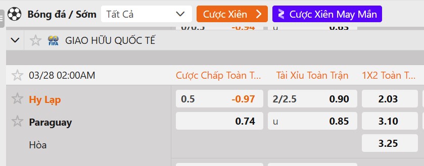 Tỷ lệ kèo Hy Lạp vs Paraguay